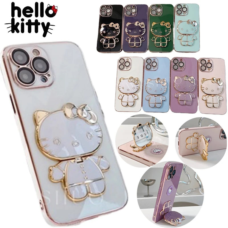 Hello Kitty Krat Stojalo Držalo za Telefon Primeru za IPhone 14 13 12 11 Pro Max 7 8 Plus z Ogledalo Plating ShockProof Primeru Zajema Darila